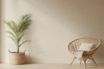 Fototapeta premium Beige room with wicker chair & plant. Perfect for interior design, home decor, and relaxation themes.