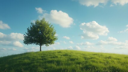 Obraz premium Lone Tree on Grassy Hill, Solitude, Resilience, and Emotional Well-being Web Banner