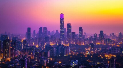 Fototapeta premium A vibrant city skyline at dusk, showcasing modern architecture and lights.