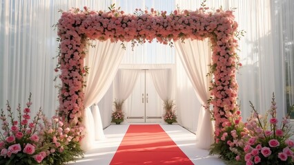 Elegant Pink Rose Wedding Arch with Red Carpet Entrance