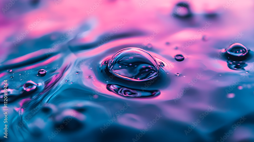 Poster close-up of vibrant pink and blue liquid with air bubbles. a large bubble sits in the center, creati