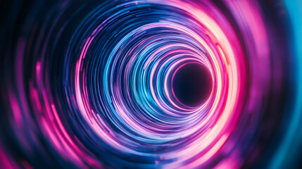 Abstract swirling neon tunnel. Pink and blue light streaks create a vortex effect. Futuristic, vibrant, and dynamic energy.