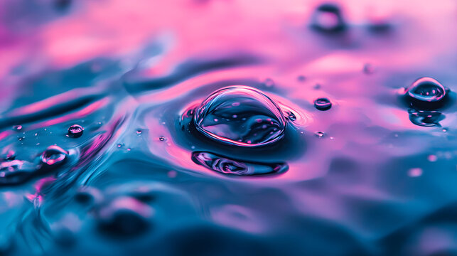 Close-up of vibrant pink and blue liquid with air bubbles.  A large bubble sits in the center, creating ripples on the surface.  Abstract and colorful texture.