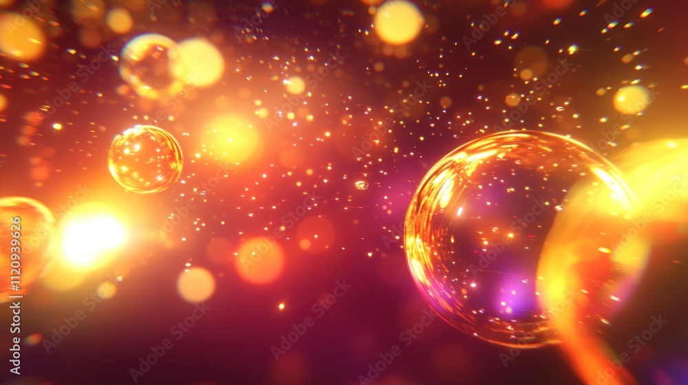 Poster a vibrant abstract scene featuring luminous bubbles and sparkling light effects.