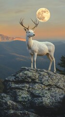 A majestic white deer with perfect antlers, on the mountain and the beautiful view of the full moon at night