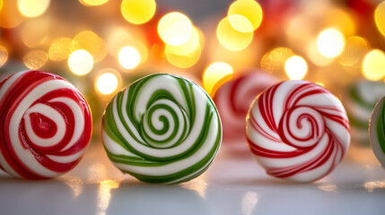 Close-up of three swirled Christmas lollipops in red, white, and green.  Warm bokeh lights create a festive background.