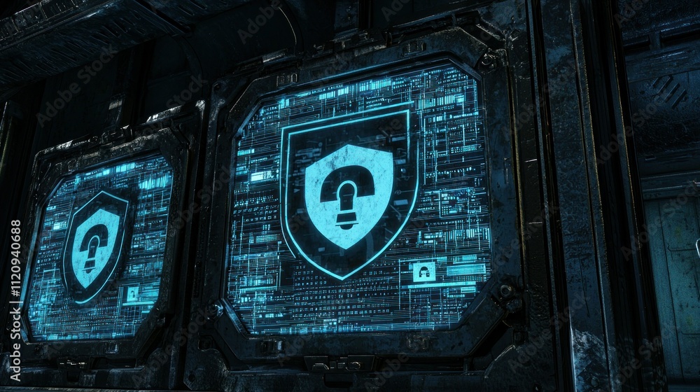 Poster digital security interface featuring a shield and lock symbol on a futuristic background.