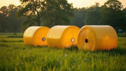 Obraz premium Three Yellow Plastic Bales in Green Field at Sunset, Rural Landscape Photography