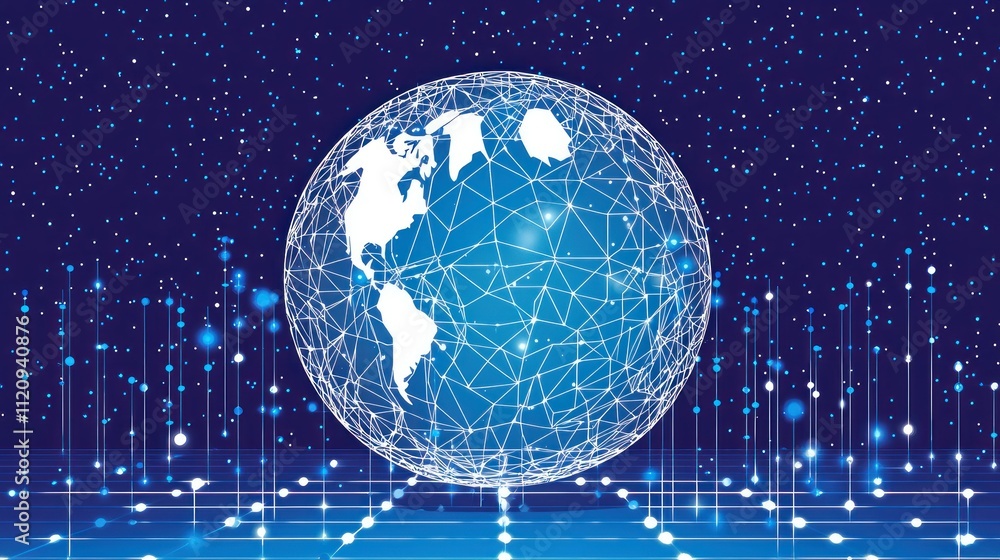 Poster a stylized globe with a network design, representing global connectivity and technology.