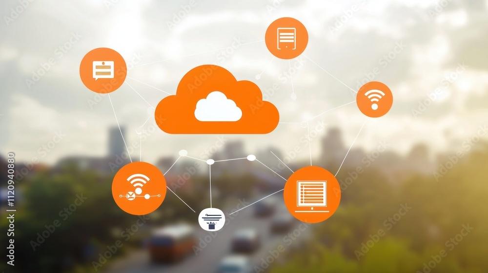 Poster cloud computing concept with connected devices over a cityscape background.
