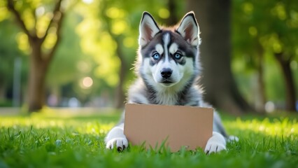 Adorable Husky Puppy with Blank Sign in Park, Cute Dog Photo for Adoption, Pet Announcement, or Message