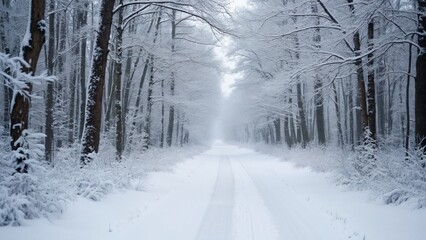 Snowy Forest Road, Winter Wonderland Path, Tree-Lined, 