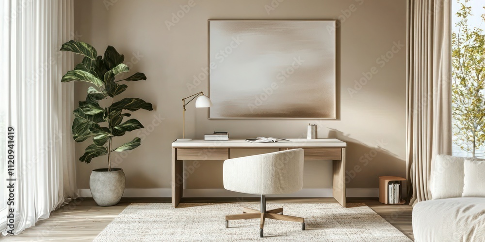 Poster a clean and clutter-free minimal office featuring a simple desk, neutral colors, and a single statem
