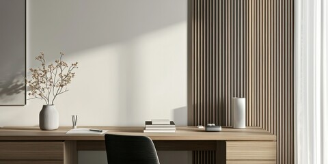 A compact minimal office featuring a streamlined desk setup, minimalist accessories, and an organized aesthetic