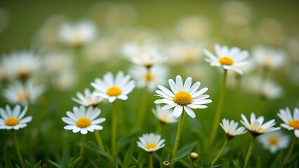 Fototapeta premium Delicate White Star-Shaped Daisies Field, Lush Green Grass, 