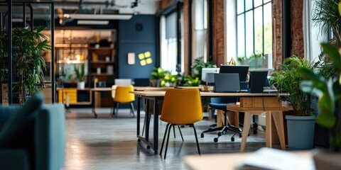 A corporate office interior with meeting rooms, collaborative spaces, and personalized touches that enhance employee morale