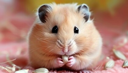 A cute hamster holding a seed, showcasing its adorable features.