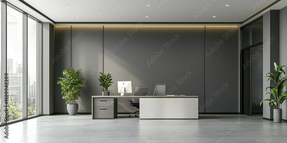 Poster a minimalist office layout with clean lines, neutral colors, and efficient storage solutions, promot