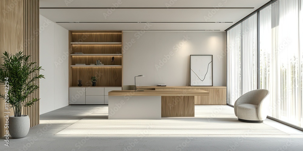 Poster a minimalist office layout with clean lines, neutral colors, and efficient storage solutions, promot