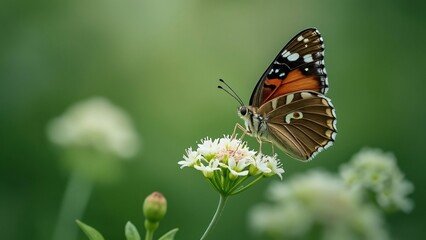 Fototapeta premium Macro Photography, Stunning Butterfly on White Flowers, Green & Brown Nature Scene