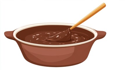 A bowl of thick brown mixture with a wooden spoon, likely for cooking or baking.