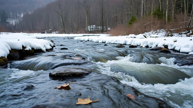 Rapid Elk River in Winter, Snow-Covered Banks, Ice Flow, and Rocky Rapids in West Virginia's Forest