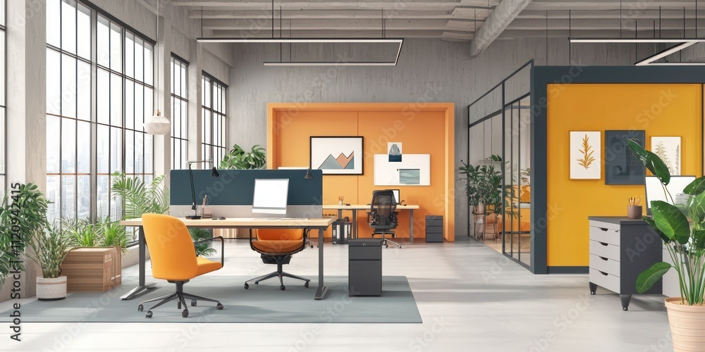 Poster a minimalistic office layout emphasizing functionality, with open spaces, minimal decor, and a focus