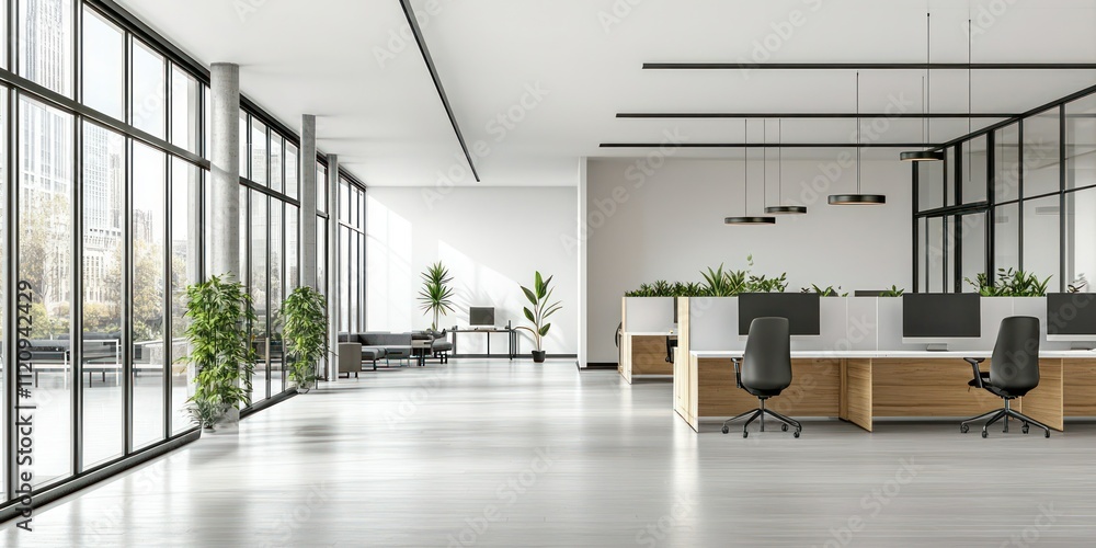 Poster a minimalistic office layout emphasizing functionality, with open spaces, minimal decor, and a focus