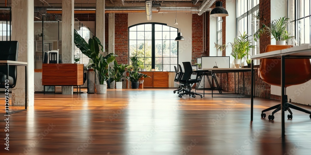 Poster a minimalistic office layout emphasizing functionality, with open spaces, minimal decor, and a focus