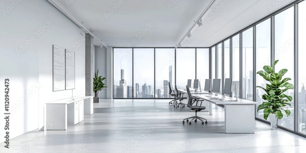 Poster a minimalistic office layout emphasizing functionality, with open spaces, minimal decor, and a focus
