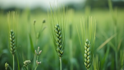 Close-up of Green Wheat Growing in Field, Lush Green Blades and Grain Heads, Blurred Background