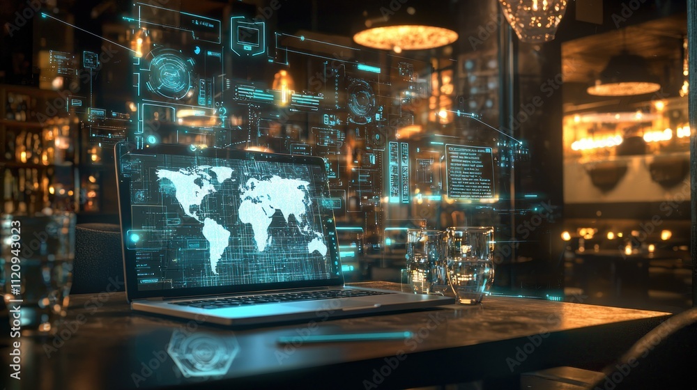 Poster a futuristic workspace with a laptop displaying a world map amidst a cozy bar setting.