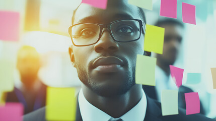 A focused businessman in glasses thoughtfully examines sticky notes on a glass wall, strategizing amidst a blurred team backdrop.  The image evokes ideas of planning, brainstorming, and teamwork.