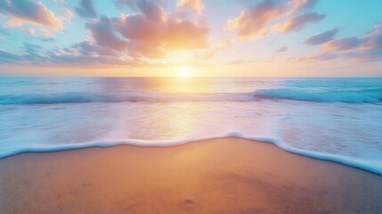 Serene Sunset Over Sandy Beach Gentle Waves