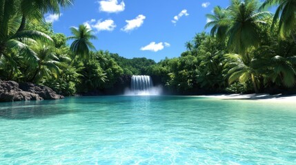 Obraz premium Serene tropical landscape with a waterfall and clear blue water.