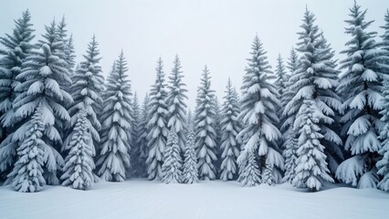 Naklejka premium Stunning Panoramic View of Snow-Covered Pine Forest in Winter Wonderland, National Geographic Style Photography