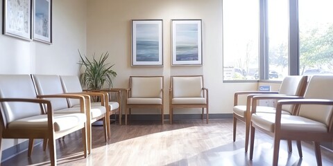 Fototapeta premium A serene waiting room in a doctor's office, featuring calming artwork, natural light, and comfortable seating arrangements