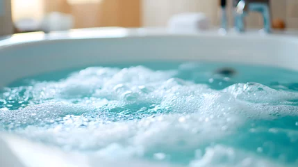 Fotobehang Close-up of a bubbling jacuzzi bathtub, filled with turquoise water and white foam.  Relaxing spa atmosphere. © Aditya