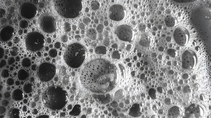 Close-up black and white shot of a surface covered in many different sized bubbles. The bubbles vary in size and are clustered together, creating a textured pattern.