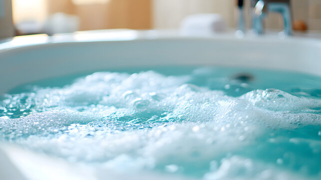 Close-up of a bubbling jacuzzi bathtub, filled with turquoise water and white foam.  Relaxing spa atmosphere.