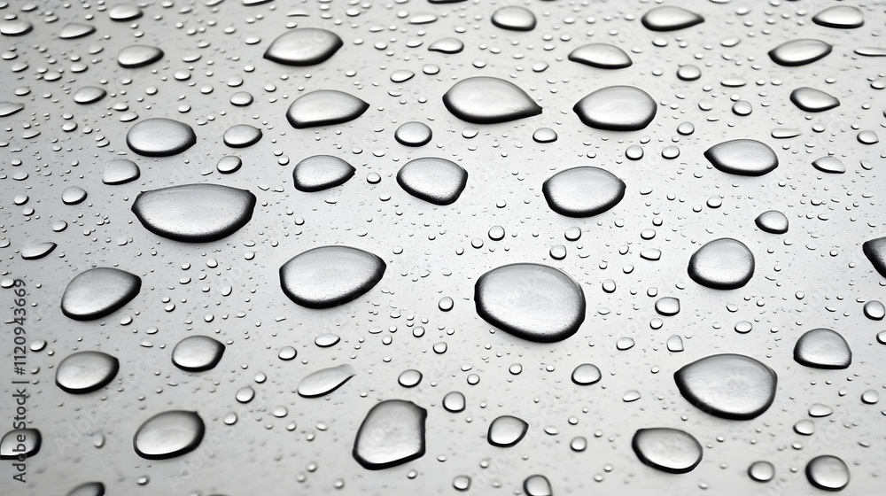 Poster close-up shot of water droplets on a smooth, metallic surface. the droplets vary in size and shape, 