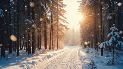 Sunlit Winter Forest Path, Snow-Covered Pines & Golden Rays