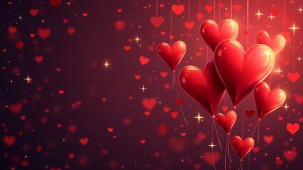 Obraz premium Romantic Valentine's Day Background, Glowing Red Heart Balloons, Stars, and Sparkling Lights - Vector Illustration