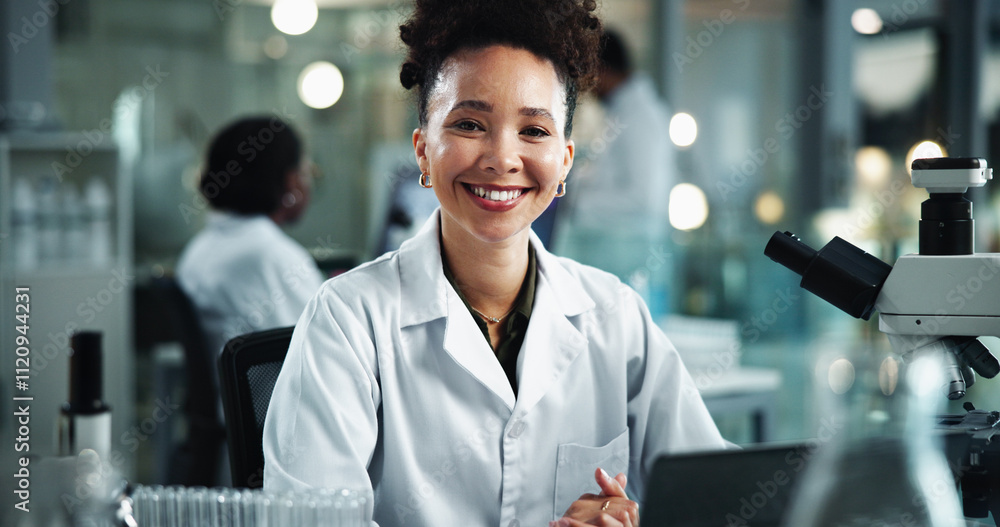 Poster woman, portrait and happy scientist in research lab for experiment, test and biotechnology with micr