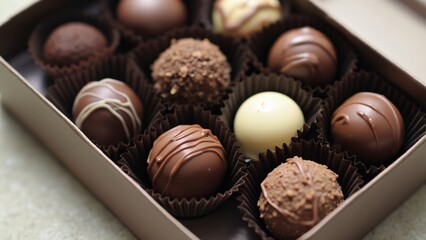 Luxury Assorted Chocolate Bonbons in Elegant Box, Close-Up of Delicious Milk, Dark, and White Chocolate Treats. Gourmet Sweets, Confectionery, Gift Idea.