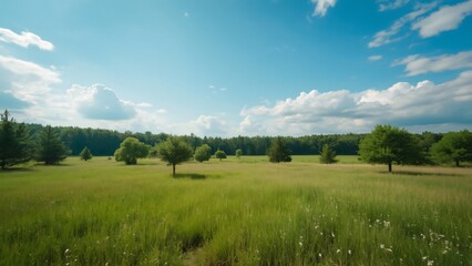 Obraz premium Vast Open Field Landscape with Lush Green Grass, Scattered Trees, and a Blue Sky, Serene Nature Photography