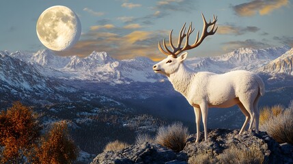 Obraz premium A majestic white deer with perfect antlers, on the mountain and the beautiful view of the full moon at night