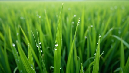 Close-up of Dew Drops on Lush Green Grass Blades, Rice Paddy Field Background