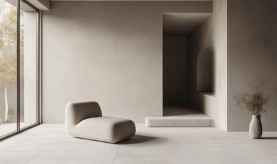 Minimalist interior featuring a curved sofa and a serene entrance.