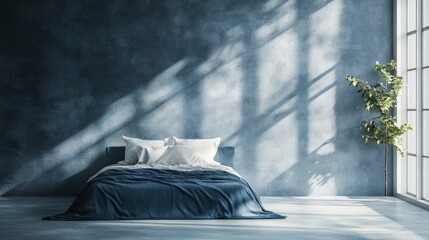 Minimalist bedroom with natural light and greenery 